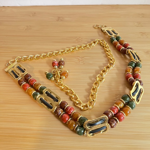 Vintage NWT glass ,gold bead links with leather belt made in Taiwan - Picture 3 of 6